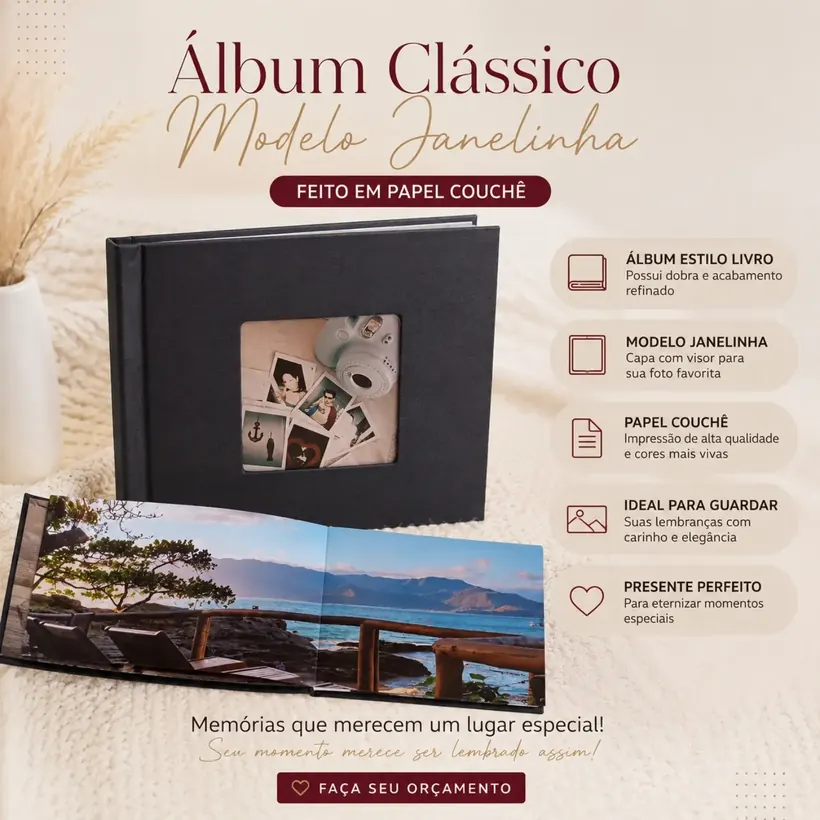 Álbum clássico modelo janelinha, com capa em tecido e visor recortado para a foto favorita