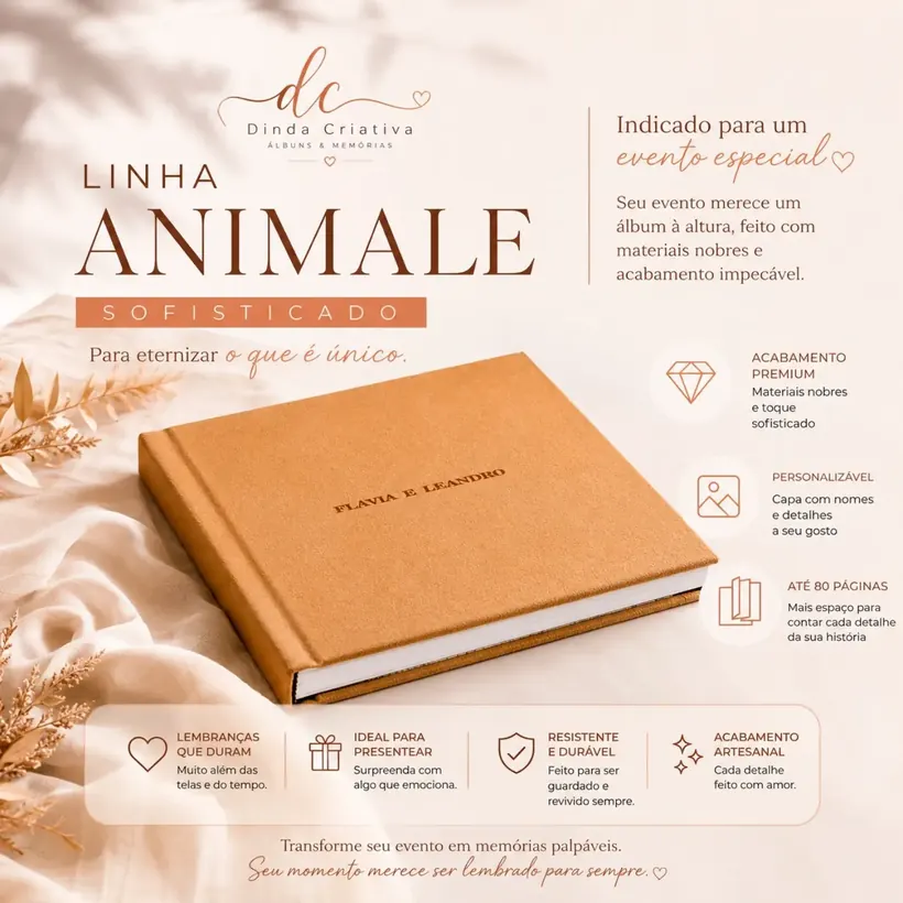 Álbum de fotos da Linha Animale, capa em material nobre com toque aveludado e nomes gravados