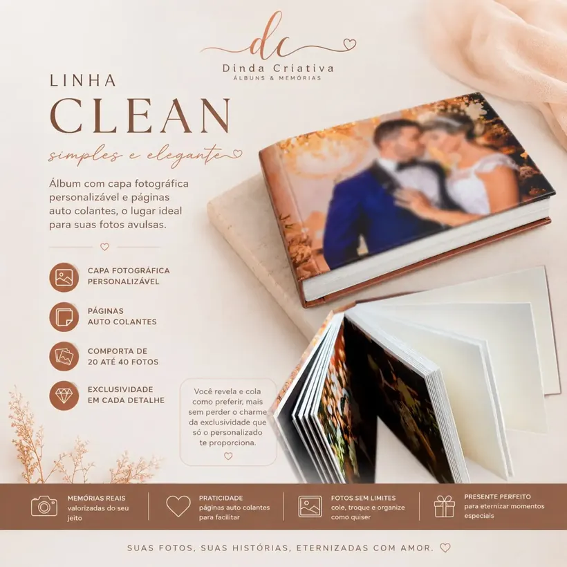 Álbum de fotos da Linha Clean, com capa fotográfica personalizada e páginas autocolantes