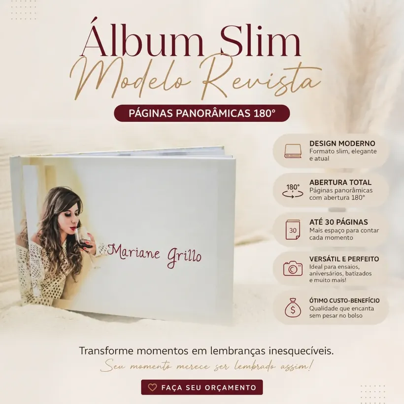 Álbum Slim modelo revista, com páginas panorâmicas de abertura 180 graus e nome impresso na capa